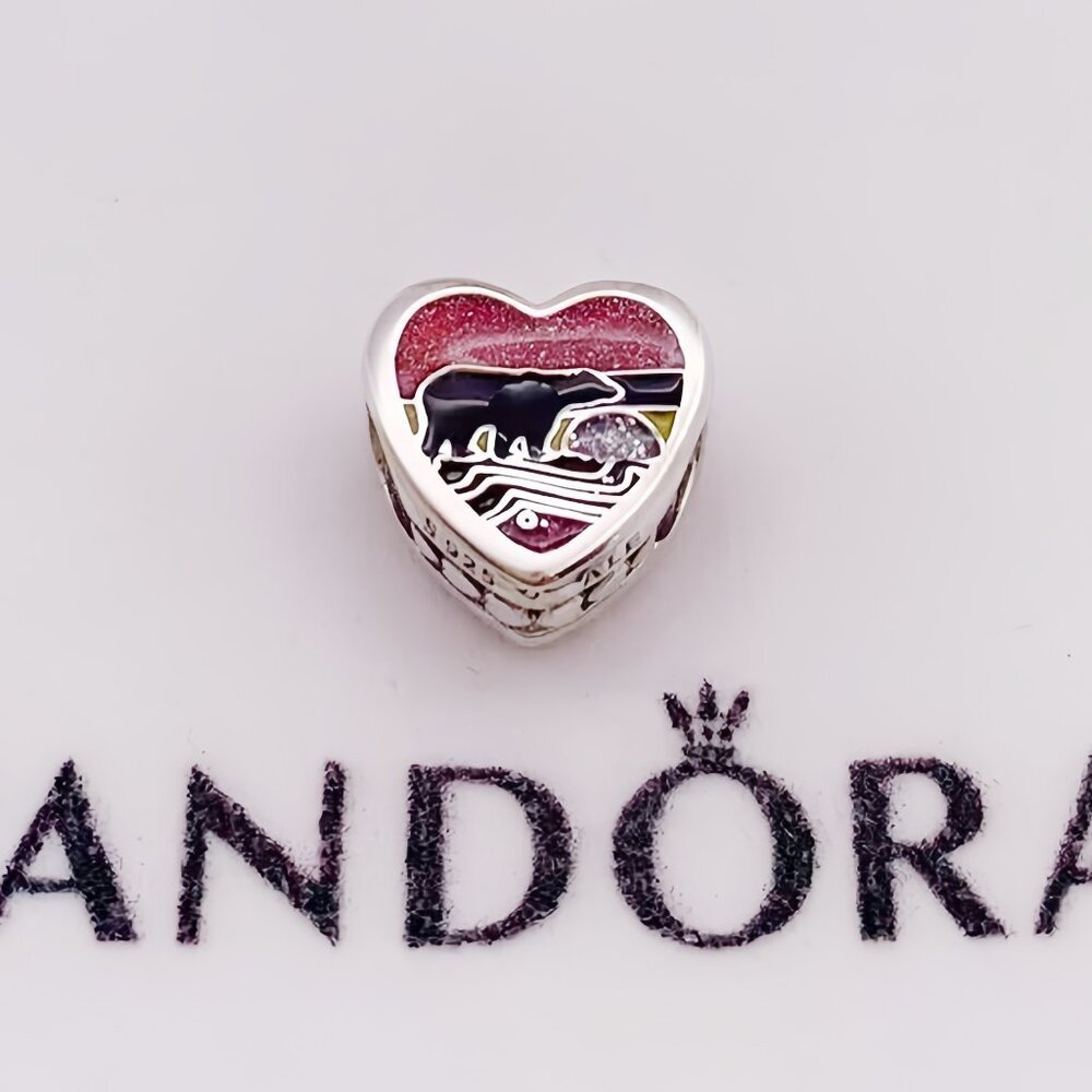 Pandora Smoky Mountains Bear Heart Charm Travel Bead Pendant S925 Sterling Silve